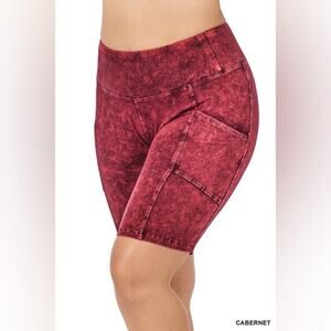 NEW! Zenana Plus Size Mineral Wash Biker Shorts w/ Pockets 2X Waist 16-19”